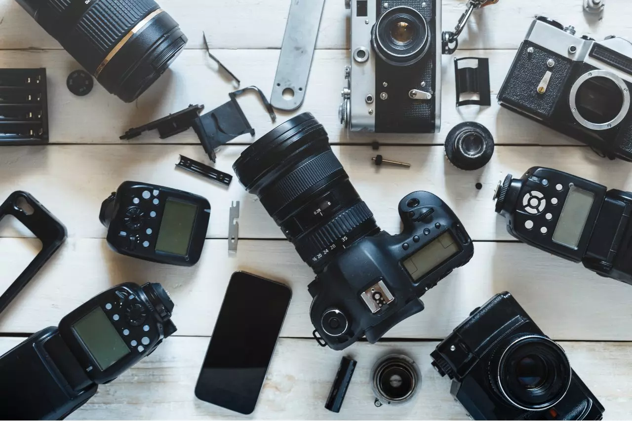 Overhead view of digital and film cameras